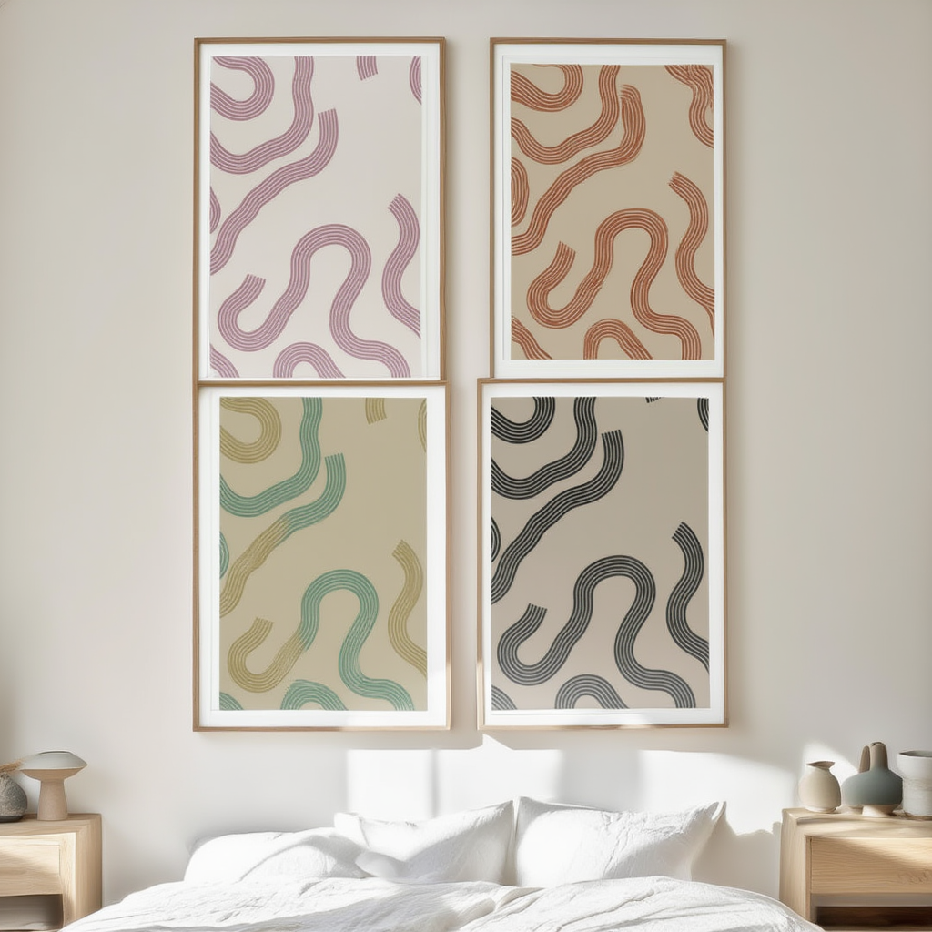 Set of 4 Wavy Line Art Prints – Minimal Abstract Line Wall Decor