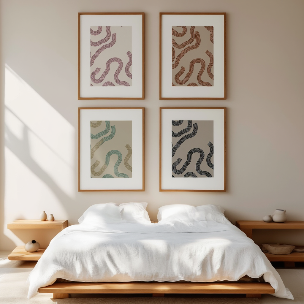 Set of 4 Wavy Line Art Prints – Minimal Abstract Line Wall Decor
