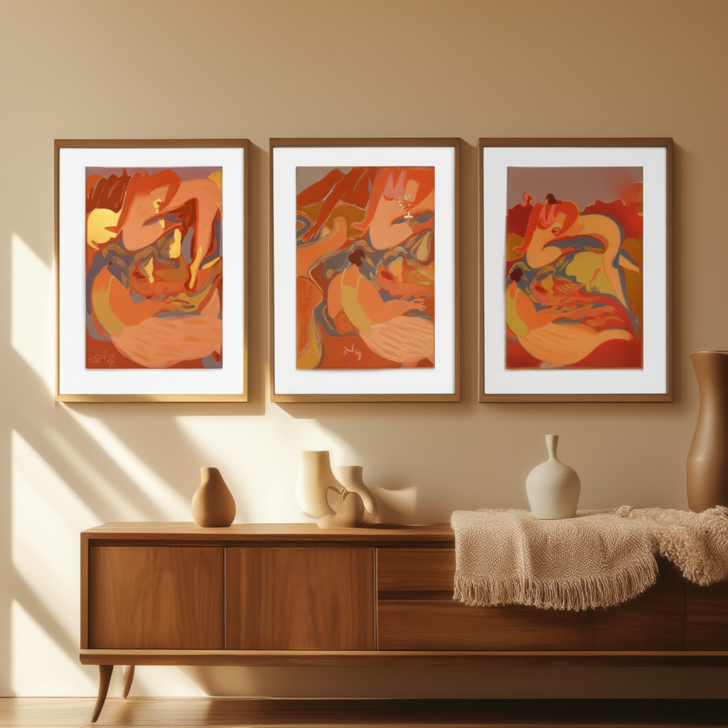 Set of 3 Colourful Earthy Boho Prints – Abstract Figures in Sunlit Terracotta, Desert Dusk & Forest Harmony - Hakyarts