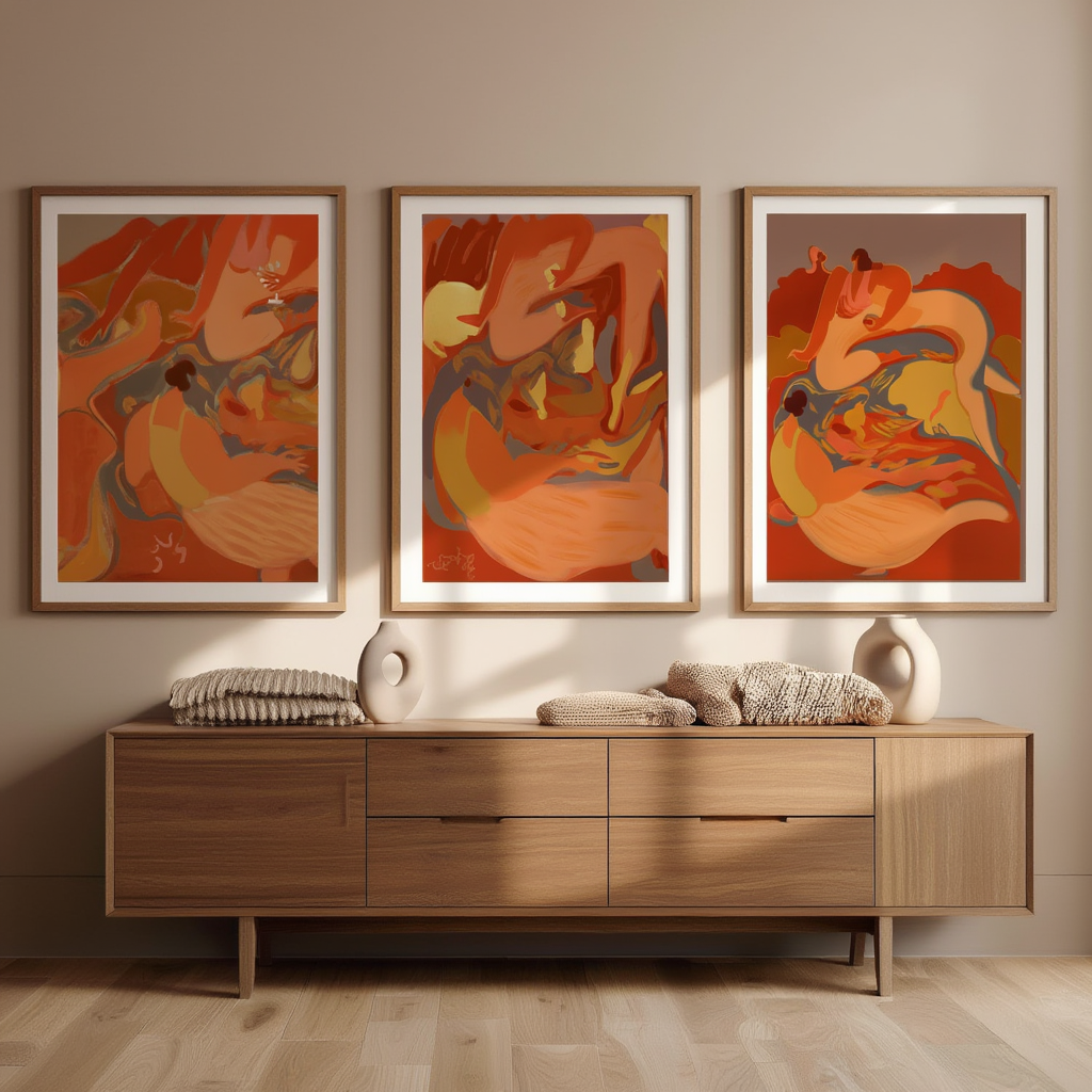Set of 3 Colourful Earthy Boho Prints – Abstract Figures in Sunlit Terracotta, Desert Dusk & Forest Harmony - Hakyarts
