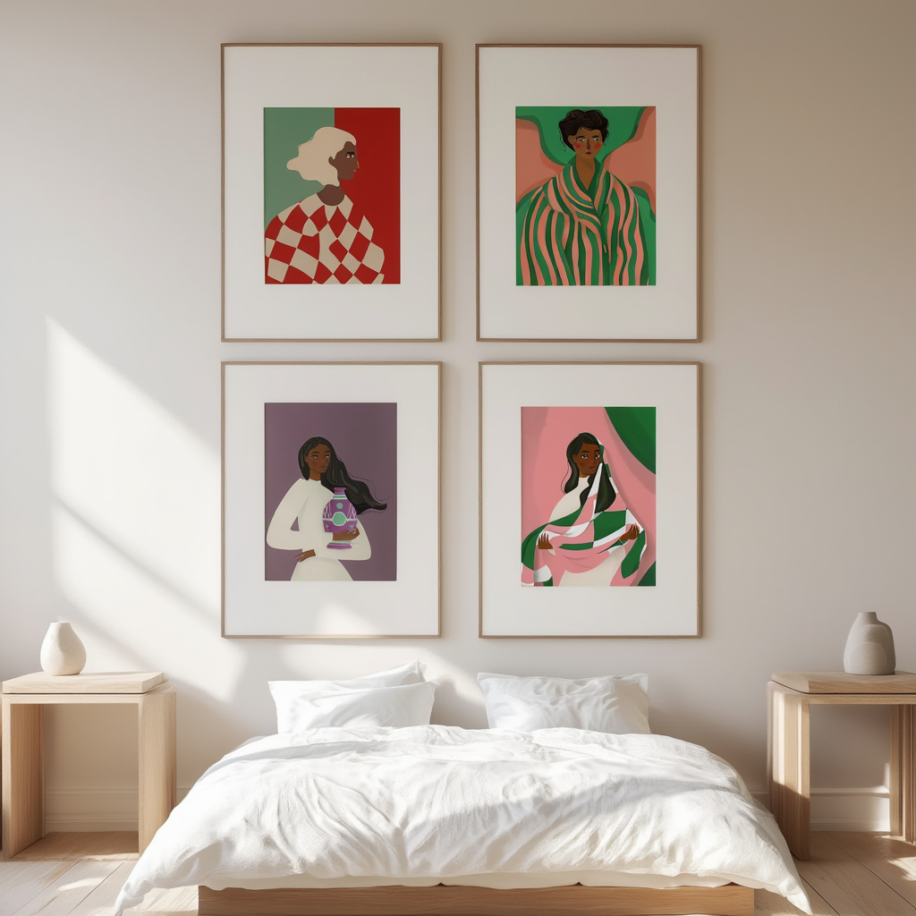 Set of 4 Illustrated Black Women Prints – Contemporary Portrait Wall Art - Hakyarts
