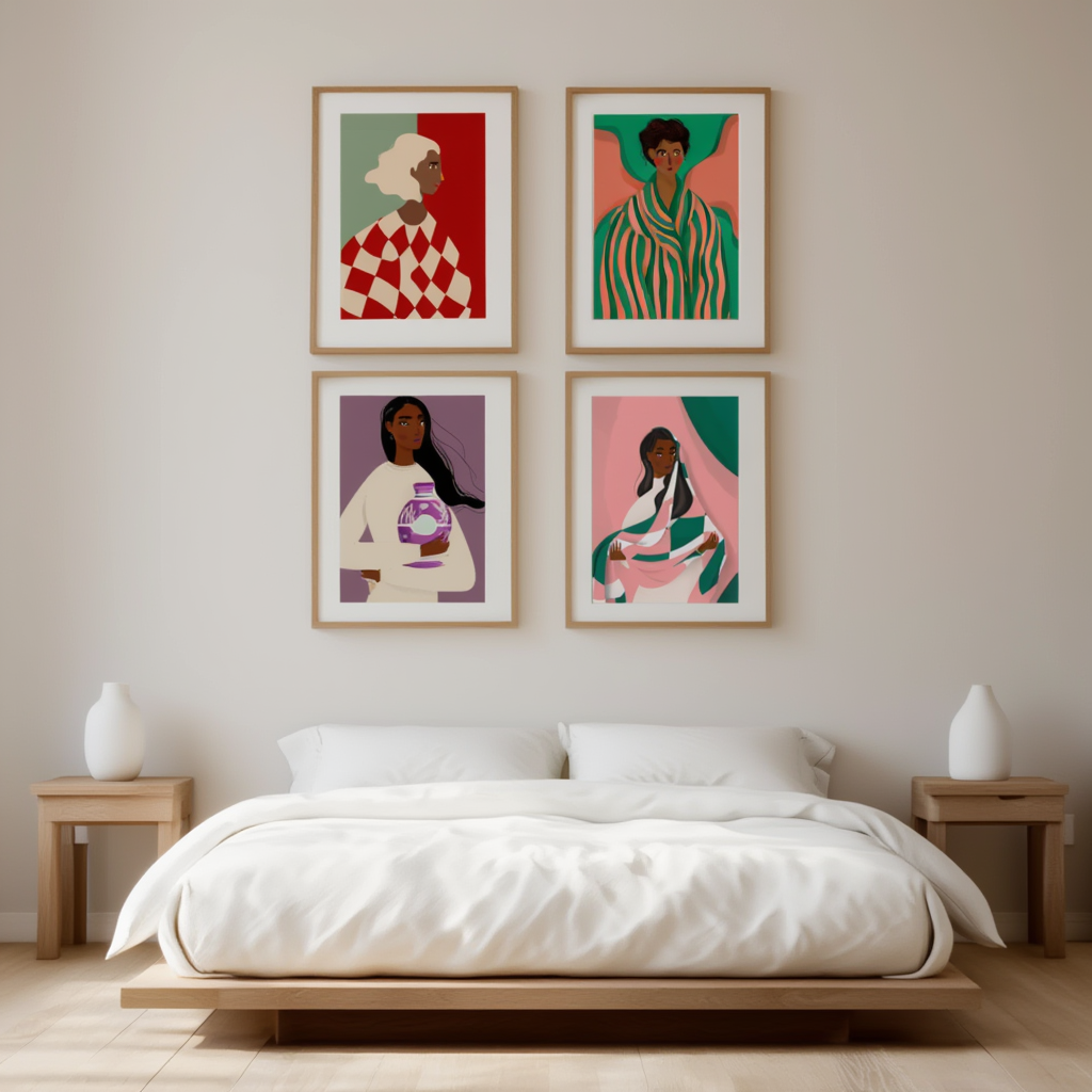 Set of 4 Illustrated Black Women Prints – Contemporary Portrait Wall Art - Hakyarts