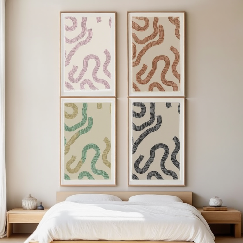 Set of 4 Wavy Line Art Prints – Minimal Abstract Line Wall Decor