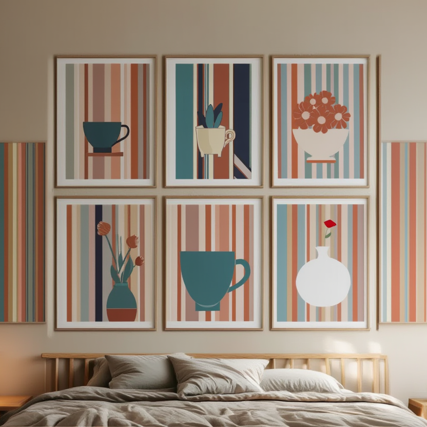 Striped floral Art Collection Dining Room Set of 6 Prints - Hakyarts