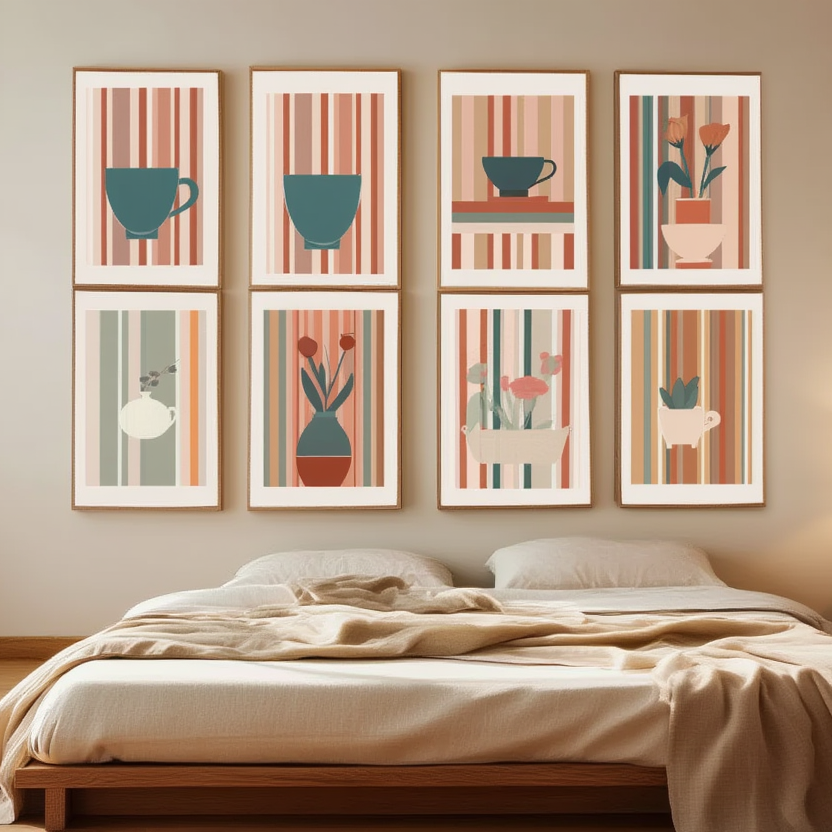 Striped floral Art Collection Dining Room Set of 6 Prints - Hakyarts