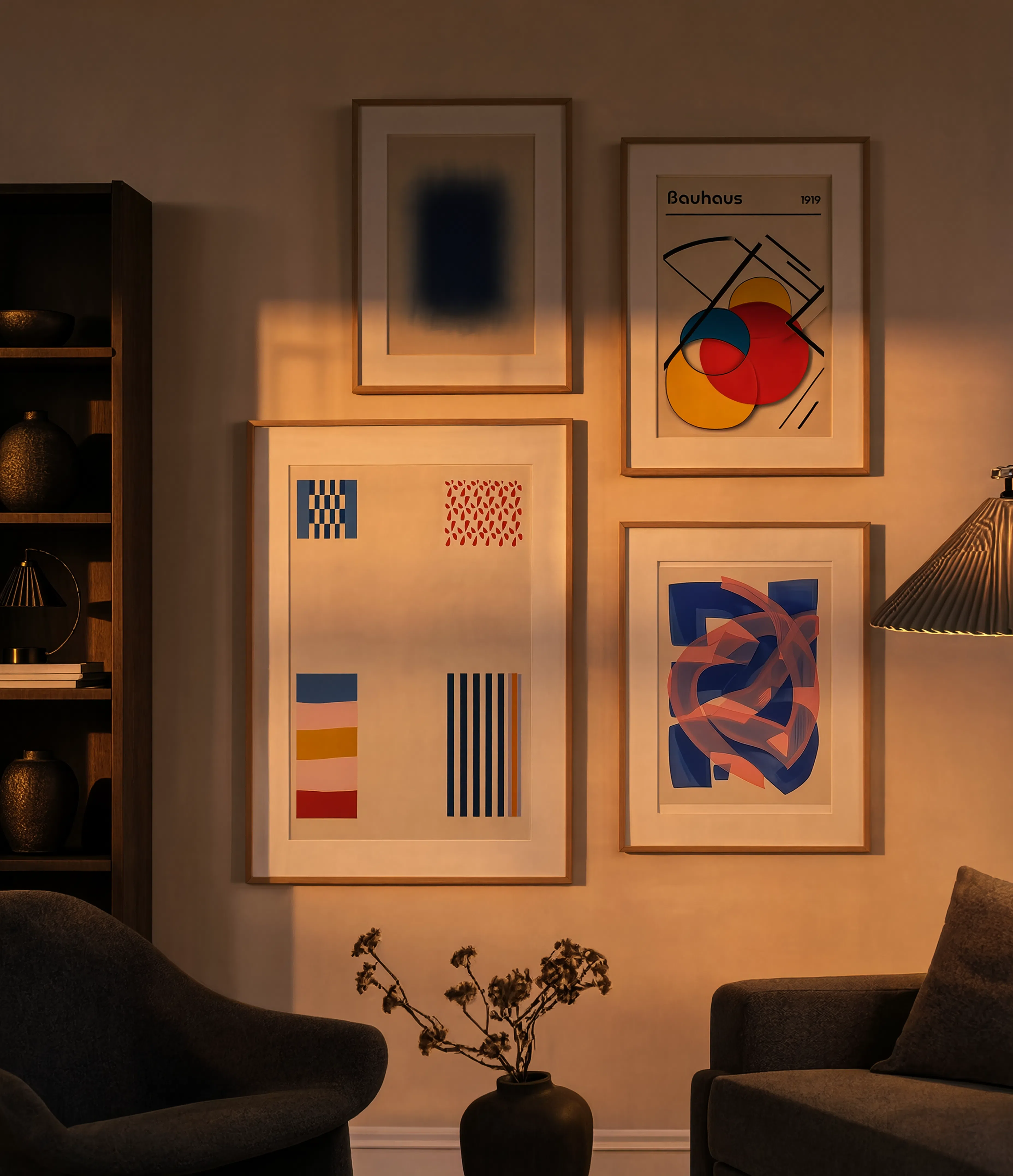 Set of 4 Abstract Geometric Wall Art Prints – Prismatic Geometry, Chromatic Convergence, Bauhaus Lines & Cerulean Lines Gallery Set