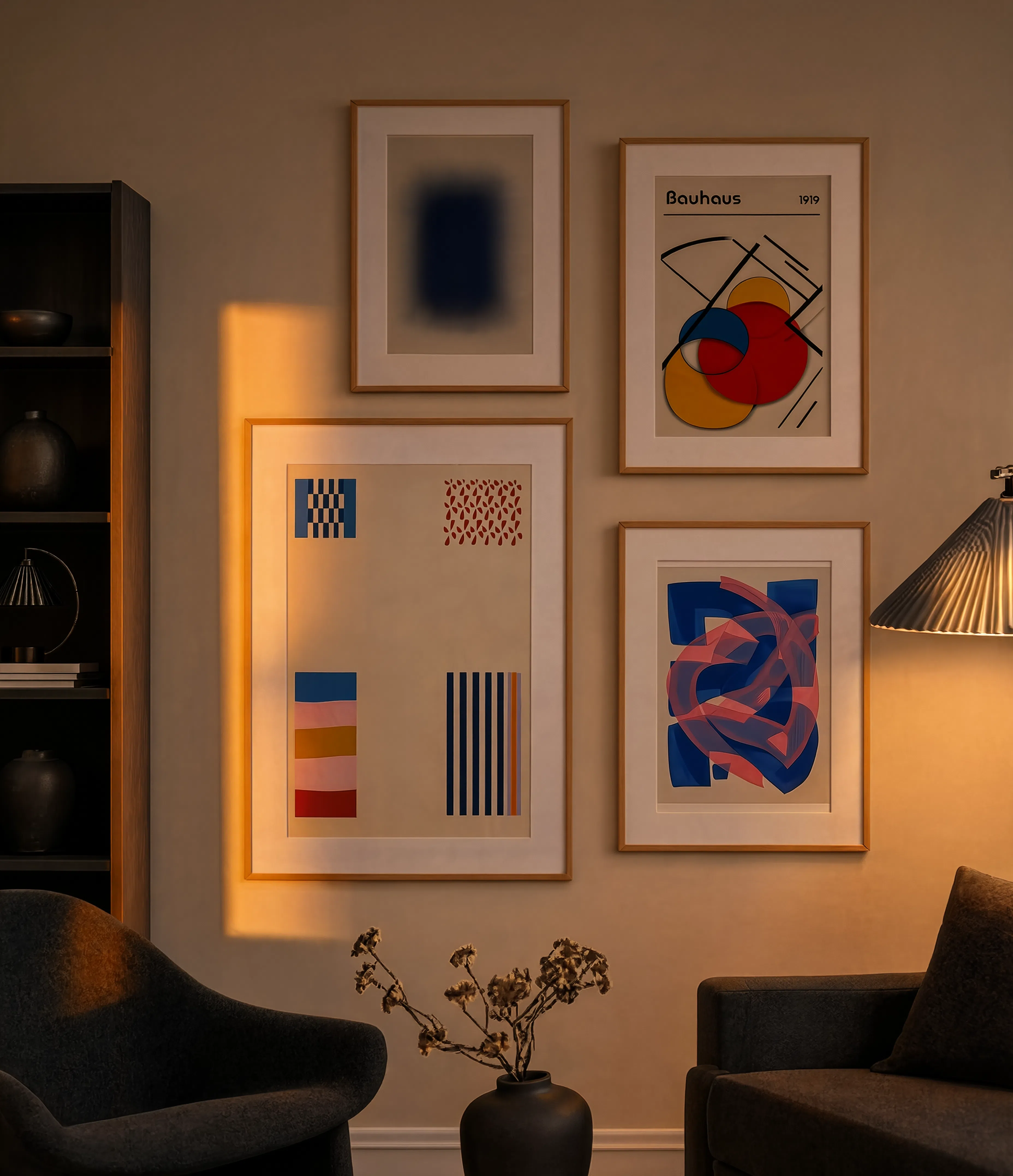 Set of 4 Abstract Geometric Wall Art Prints – Prismatic Geometry, Chromatic Convergence, Bauhaus Lines & Cerulean Lines Gallery Set