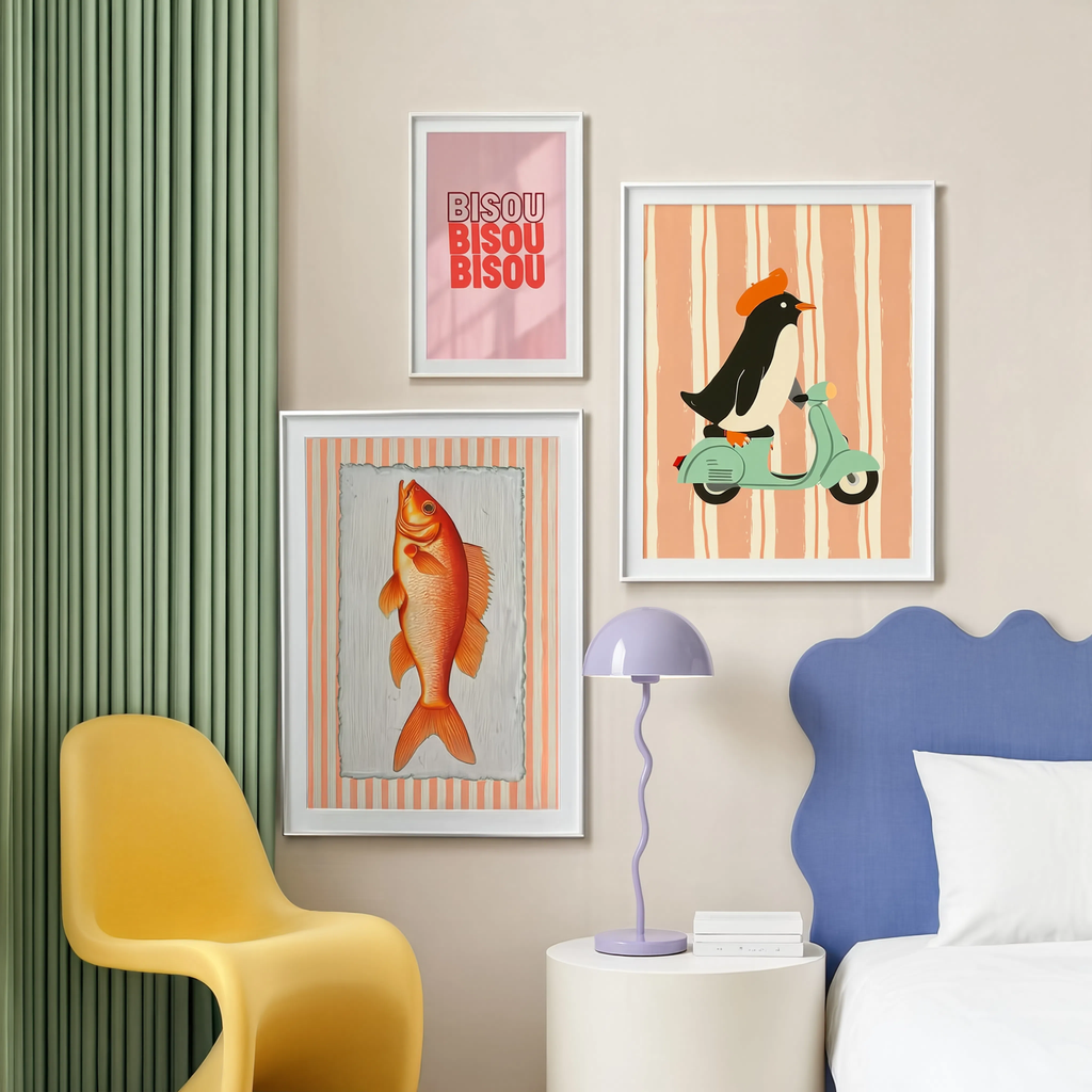 Set of 3 Minimalist Animal Art Prints – Bisou Bisou Bisou Penguin, Scooter Penguin & Warm Tones Fish Wall Art