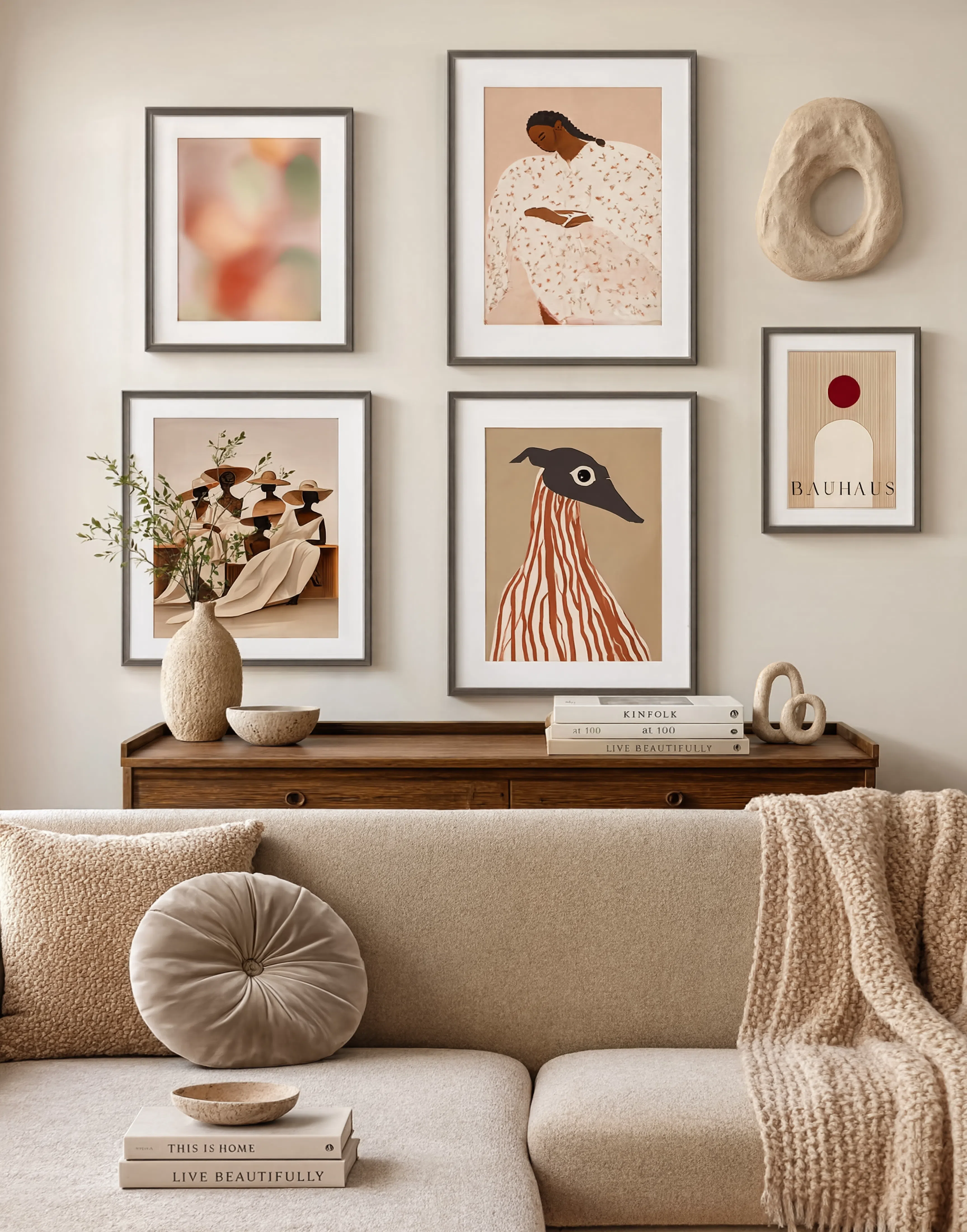 Set of 5 Modern Wall Art Prints | Bauhaus, Black Figurative Portraits, Geometric Abstract & Sighthound Illustration
