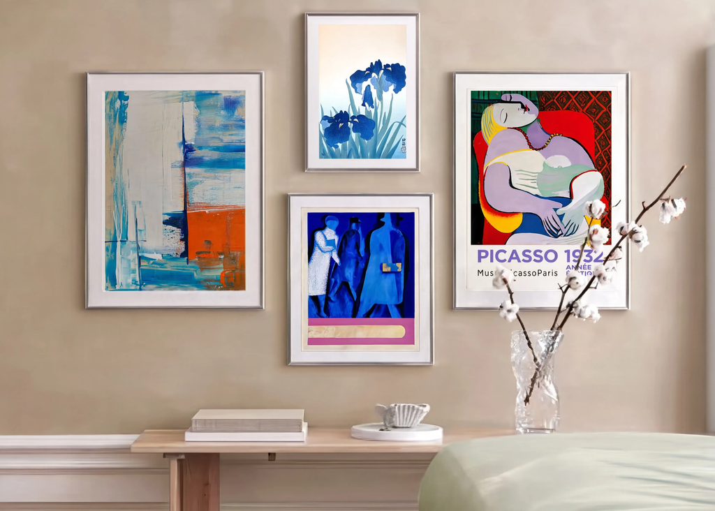 Set of 4 Wall Art Prints – Blue Botanical, Abstract & Modern Art Collection