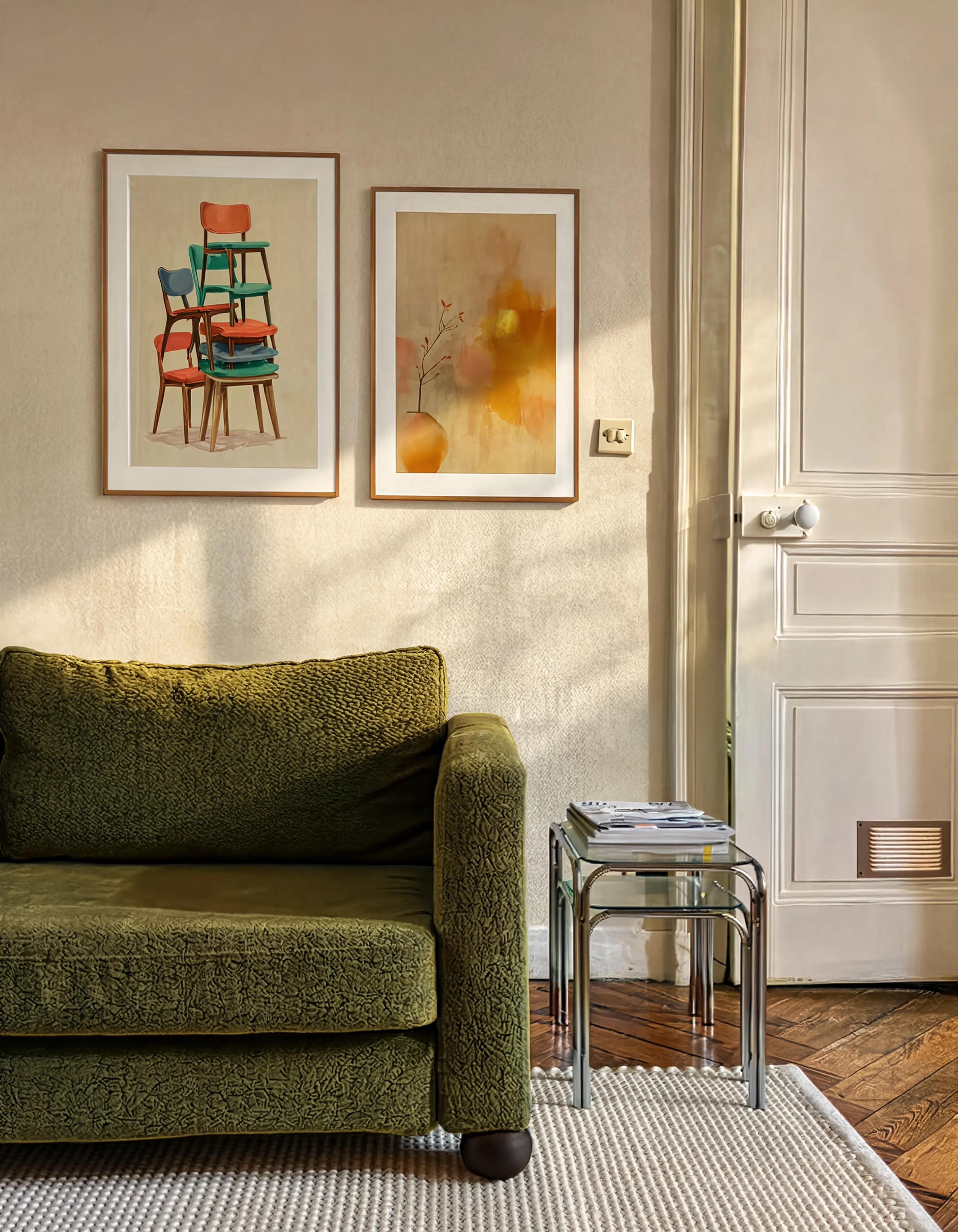 Set of 2 Stacked Vintage Chairs II & Warm Abstract Painting | Modern Vintage & Contemporary Wall Art