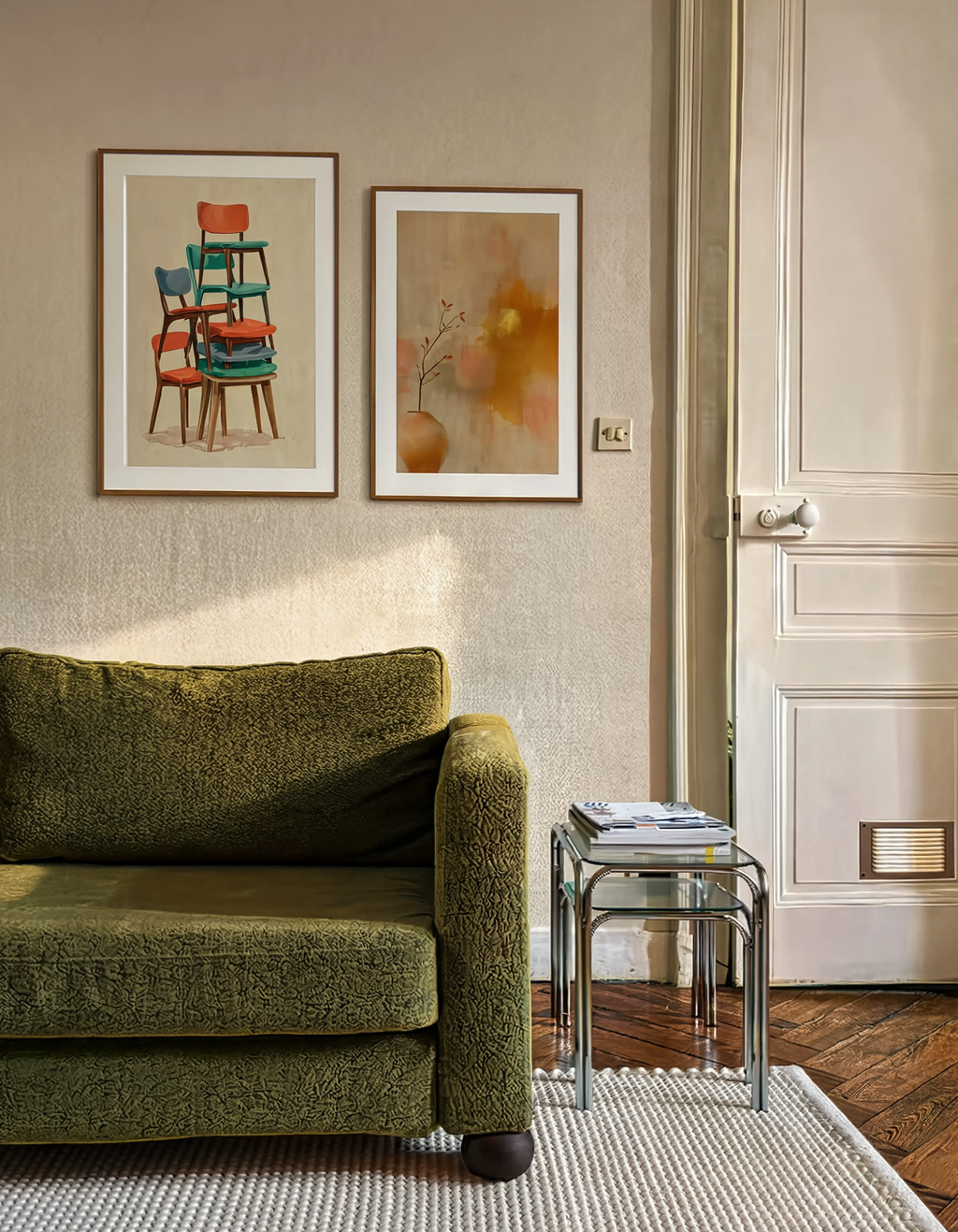 Set of 2 Stacked Vintage Chairs II & Warm Abstract Painting | Modern Vintage & Contemporary Wall Art