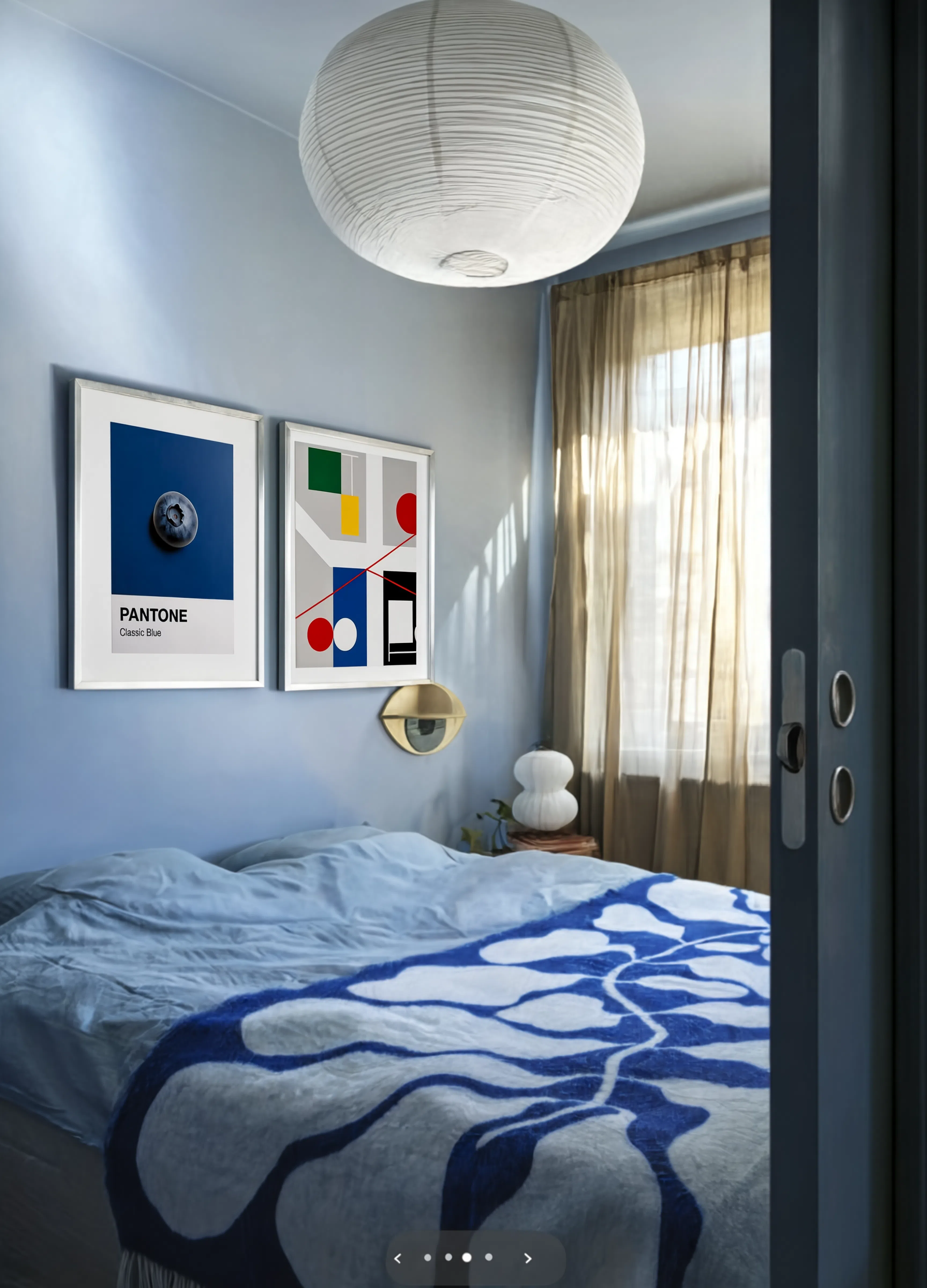 Set of 2 Contemporary Abstract Art Prints – Classic Blueberry Pantone & Four Spaces with Red Rolling Circles Gallery Set