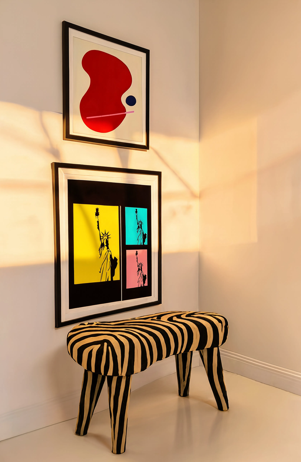 Set of 2 Red Abstract Form I with Blue Dot & Andy Warhol Style Statue of Liberty Prints | Contemporary Pop Art Wall Art Set