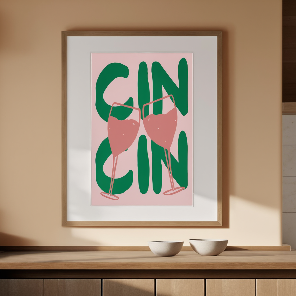 Cin Cin Drinks Poster – Green & Pink – Minimalist Wall Art Print