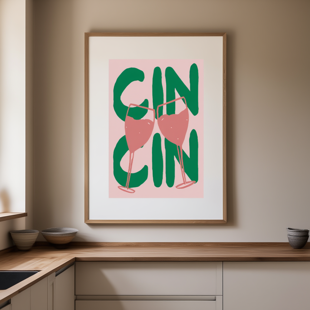 Cin Cin Drinks Poster – Green & Pink – Minimalist Wall Art Print