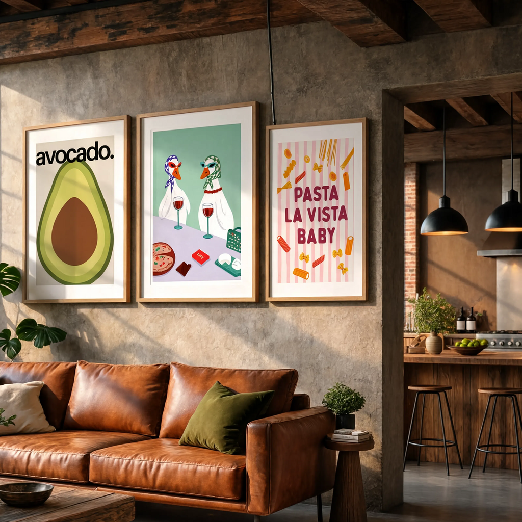 Maximalist Food & Playful Wall Art Set of 3 – Avocado, Ducks Brunch & Pasta Shapes Minimal Prints