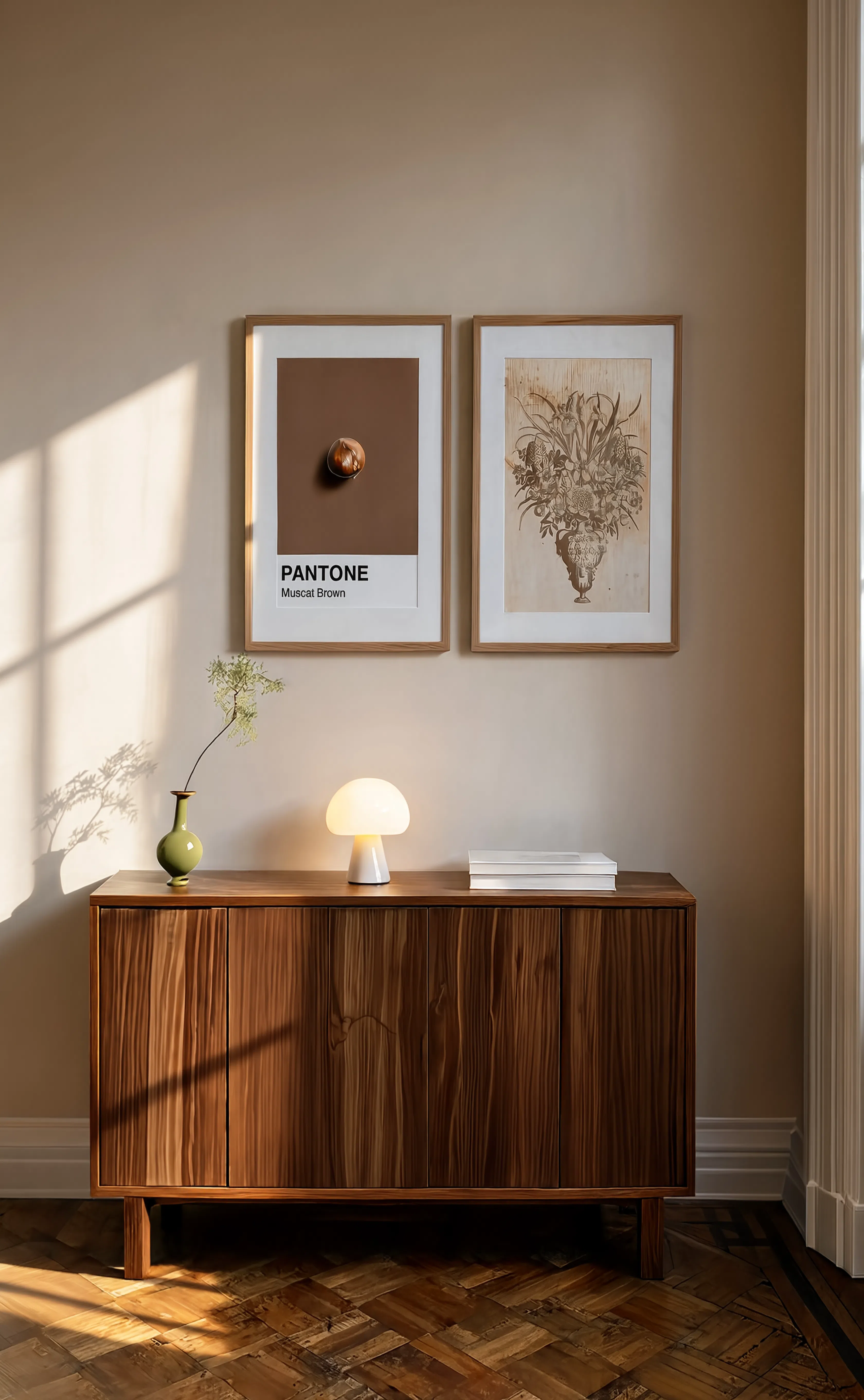 Set of 2 Muscat Brown & Vintage Botanical Wall Art Prints – Minimalist Color Art & Botanica Gallery Set - Hakyarts
