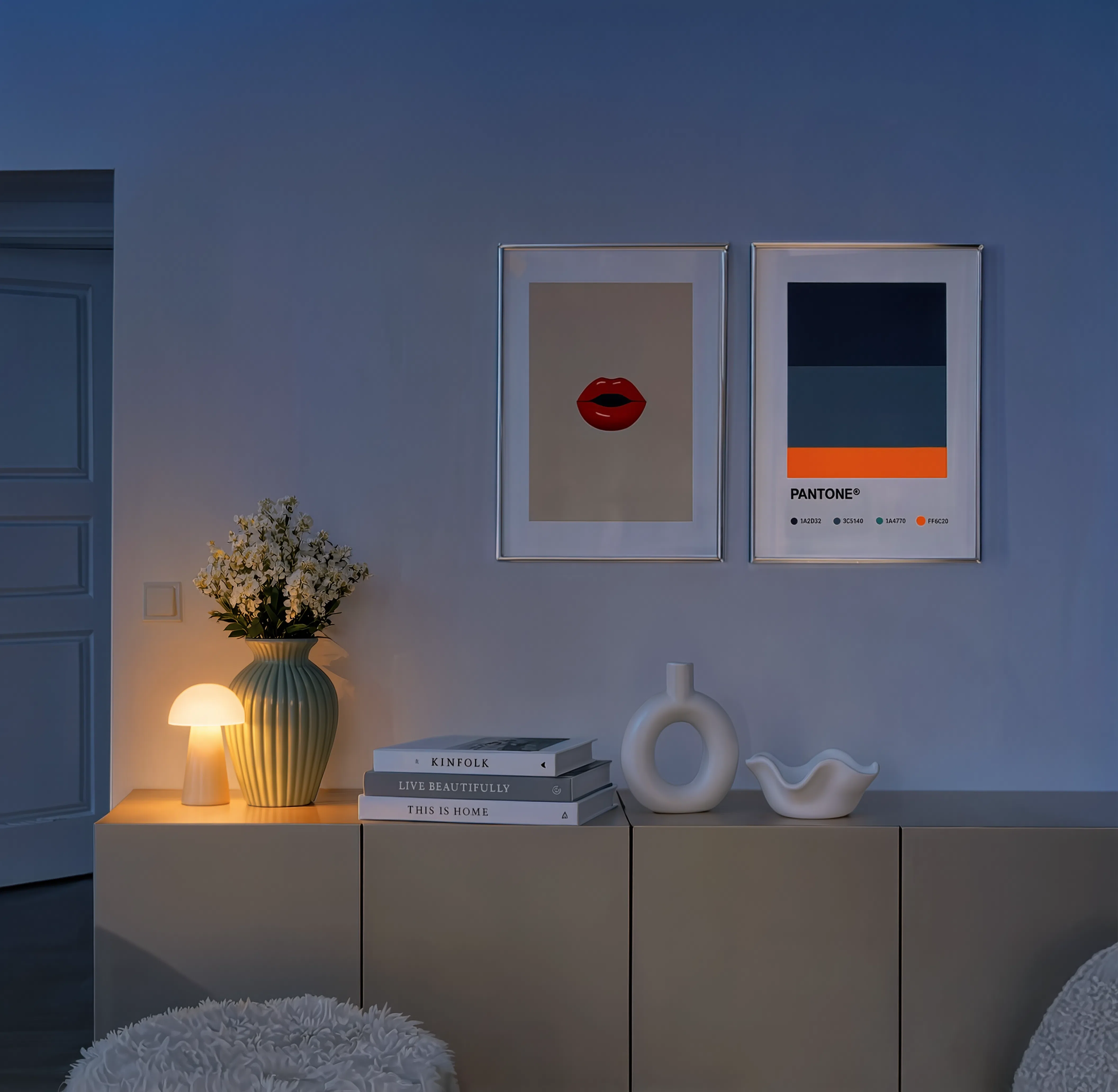 Set of 2 Minimalist Colour-Inspired Wall Art Prints – Red Lips & Pantone Inspired Sheet Gallery Set