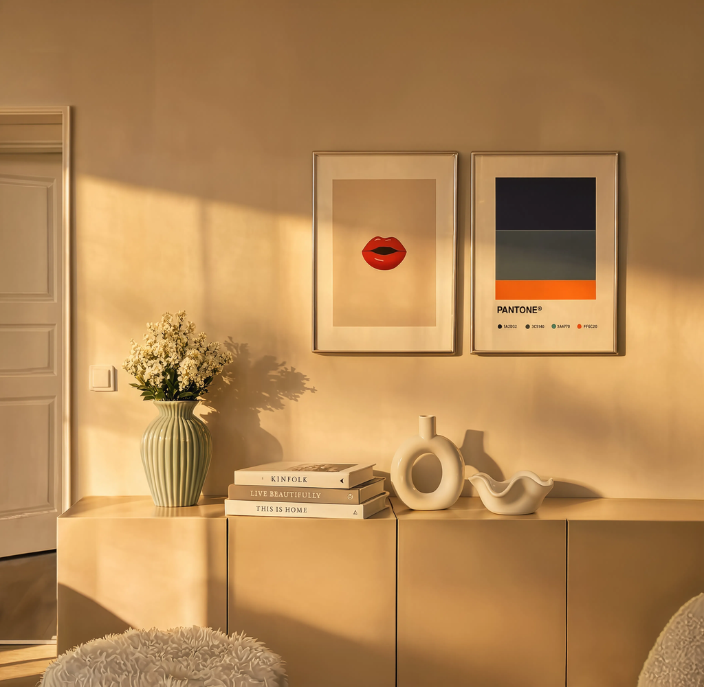 Set of 2 Minimalist Colour-Inspired Wall Art Prints – Red Lips & Pantone Inspired Sheet Gallery Set