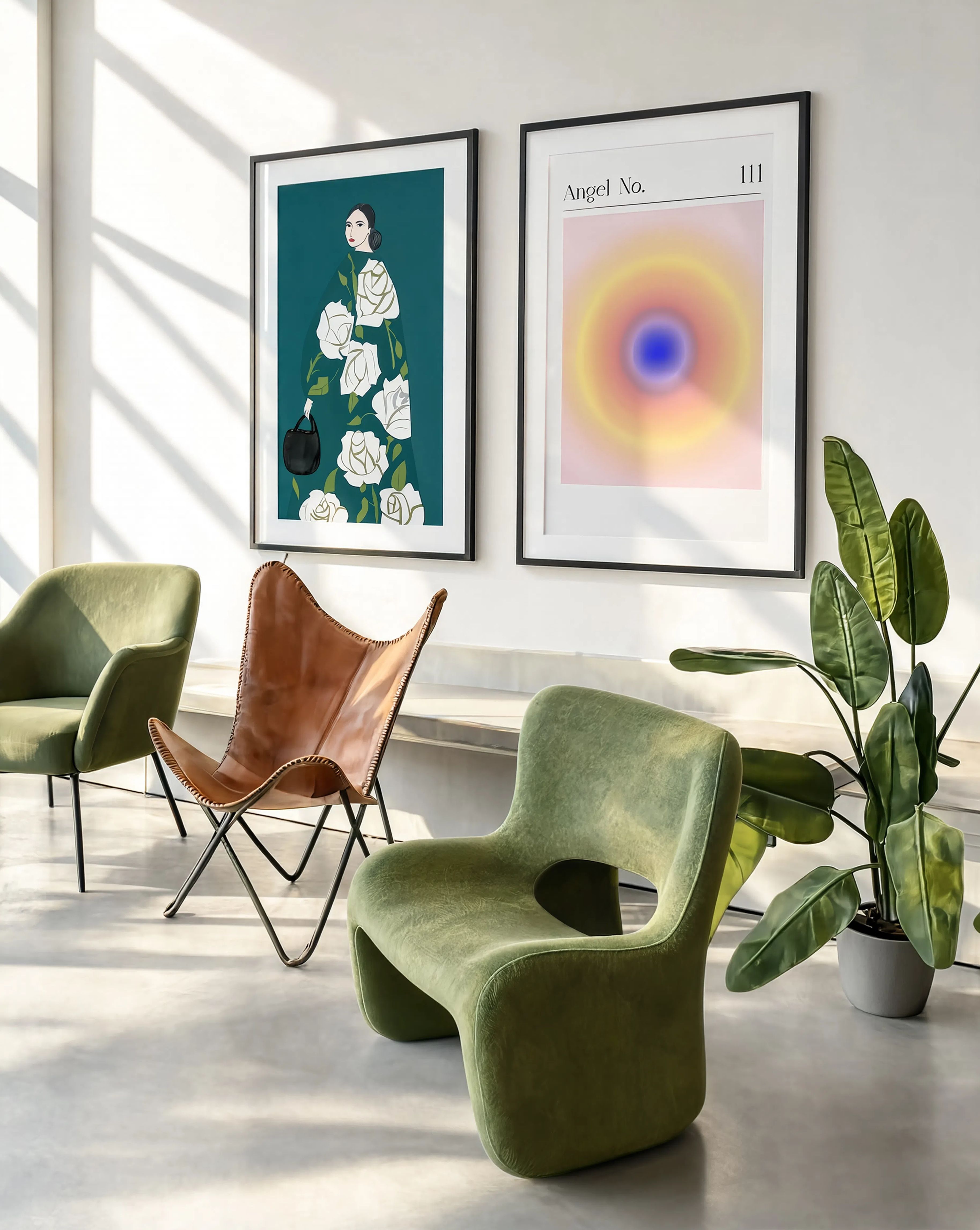 Set of 2 Botanical & Contemporary Abstract Art Prints – Botanical Woman & Radiant Circle Gallery Set
