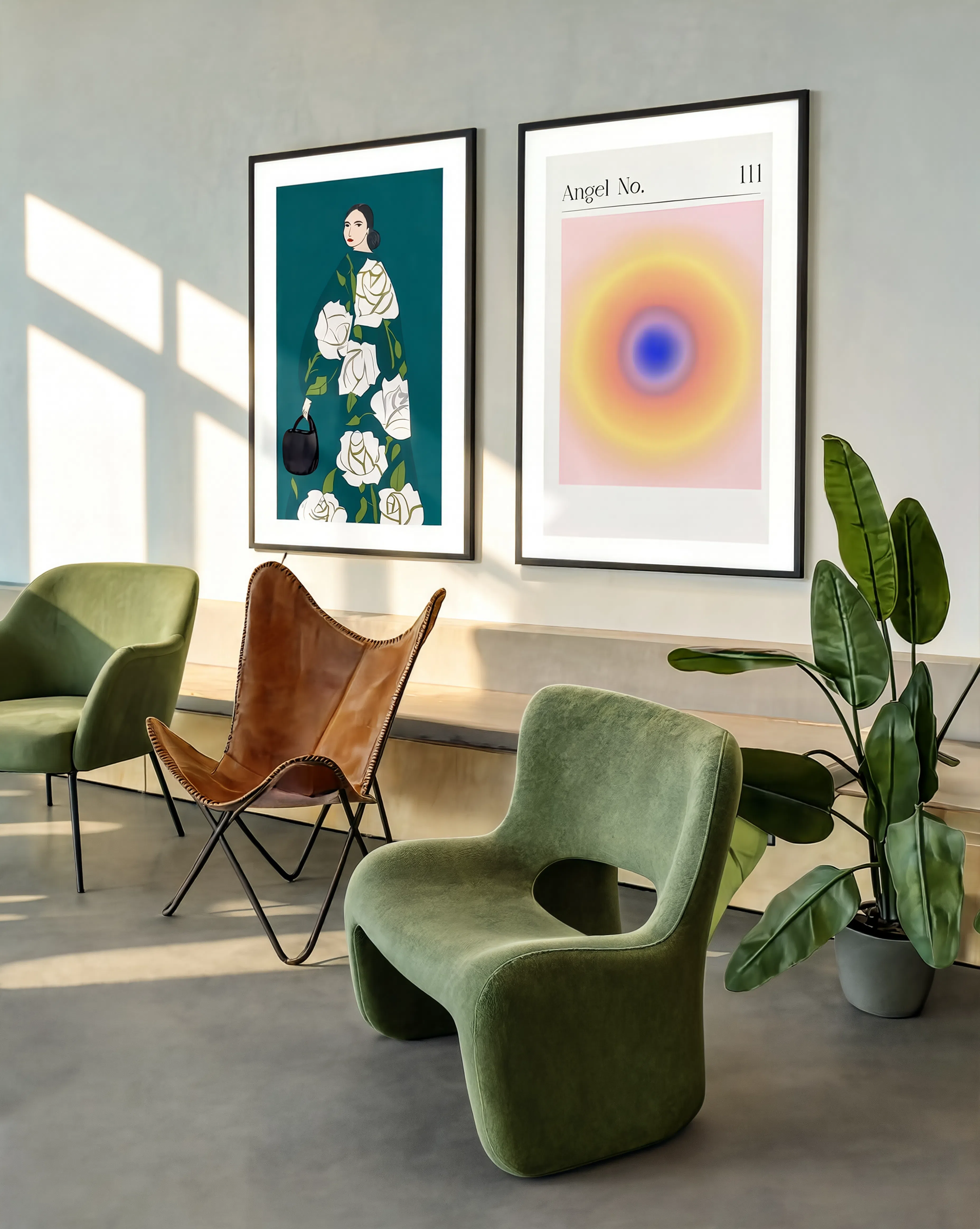 Set of 2 Botanical & Contemporary Abstract Art Prints – Botanical Woman & Radiant Circle Gallery Set