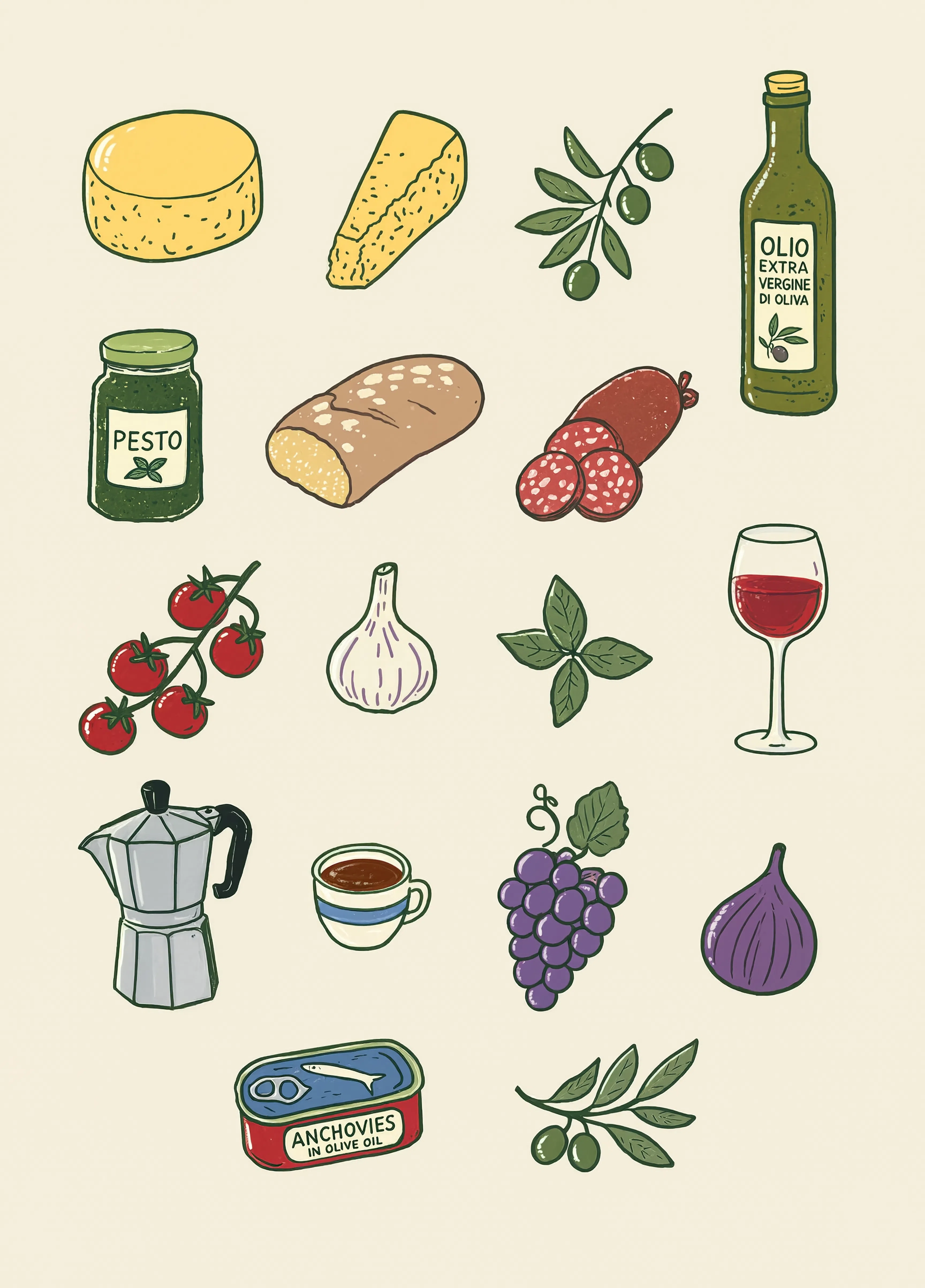 Italian Food Pantry Icons | Vintage Kitchen & Culinary Wall Art Print