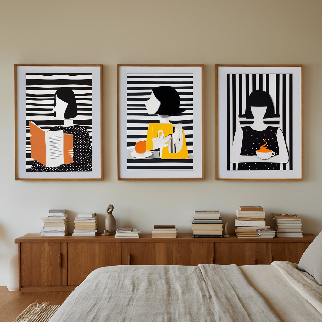 Black Striped Grid Girl – Abstract Wall Art Set for Living Room & Café - Set of 3 Prints - Hakyarts