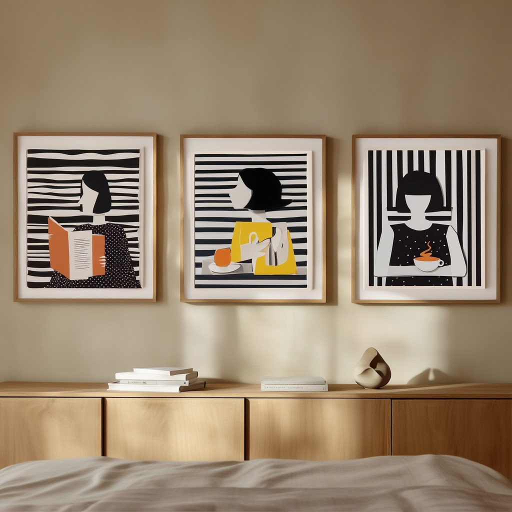 Black Striped Grid Girl – Abstract Wall Art Set for Living Room & Café - Set of 3 Prints - Hakyarts
