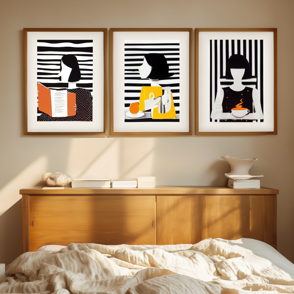 Black Striped Grid Girl – Abstract Wall Art Set for Living Room & Café - Set of 3 Prints - Hakyarts