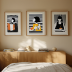 Black Striped Grid Girl – Abstract Wall Art Set for Living Room & Café - Set of 3 Prints - Hakyarts
