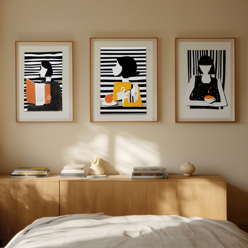 Black Striped Grid Girl – Abstract Wall Art Set for Living Room & Café - Set of 3 Prints - Hakyarts