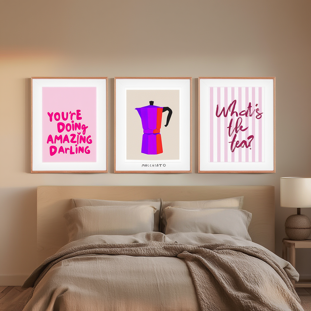 Set of 3 “Macchiato – What’s the Tea” Motivational Prints – Coffee & Inspiration Wall Art - Hakyarts