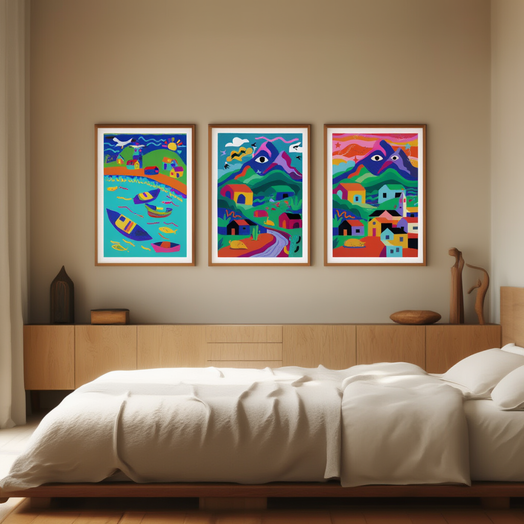 Set of 3 Colourful Mediterranean Village Prints – Bright Illustrated Wall Art