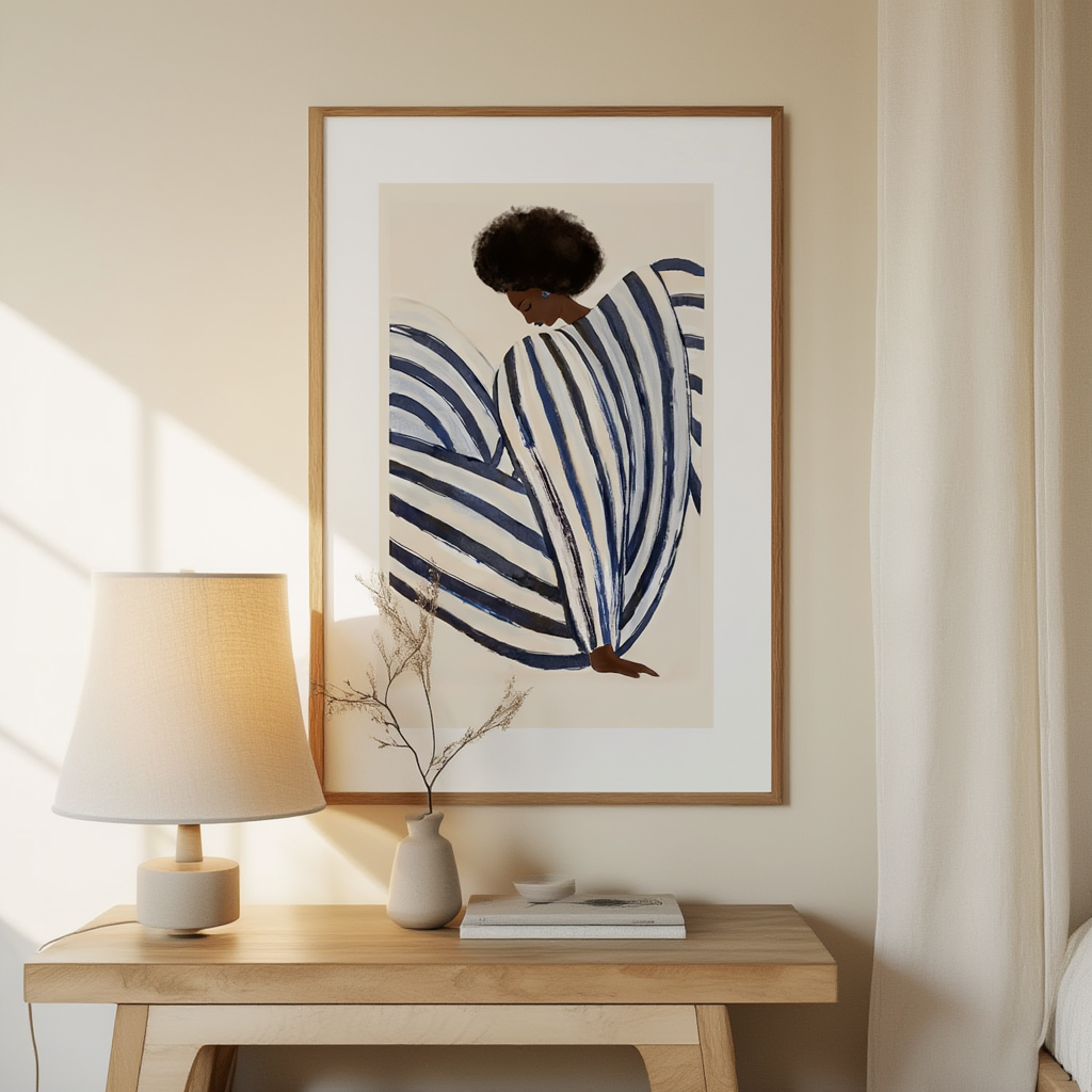 Blue Striped Dress – Illustrated Fashion Portrait Art Print