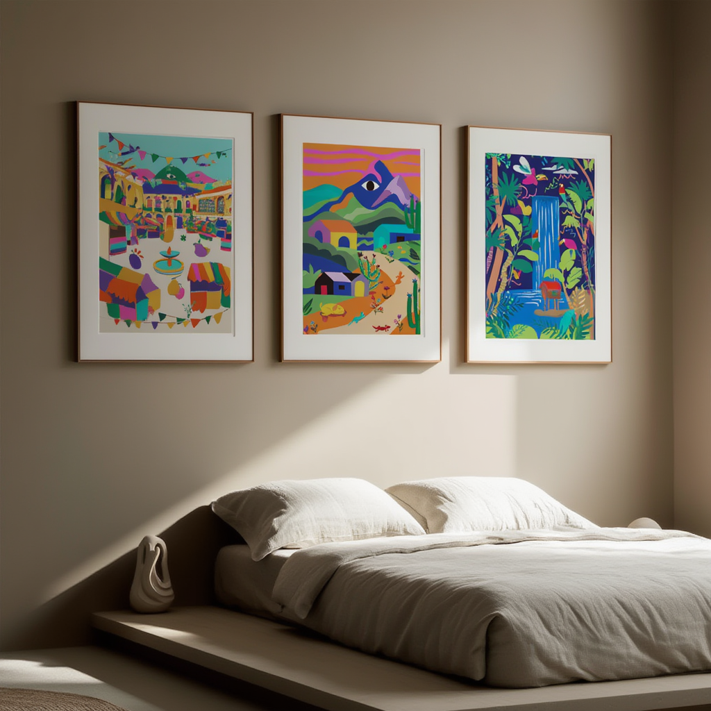 Set of 3 Colourful Village Art Prints – Illustrated Coastal Town Wall Decor
