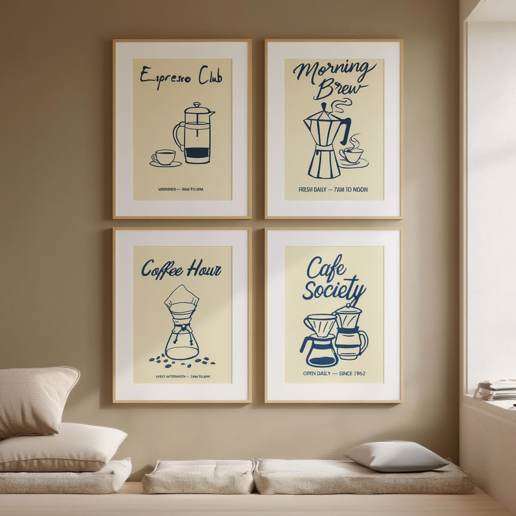 Set of 4 Coffee Prints – “Coffee Hour,” “Espresso Club,” “Cafe Society,” and “Coffee Morning” – Chic Wall Art for Coffee Lovers