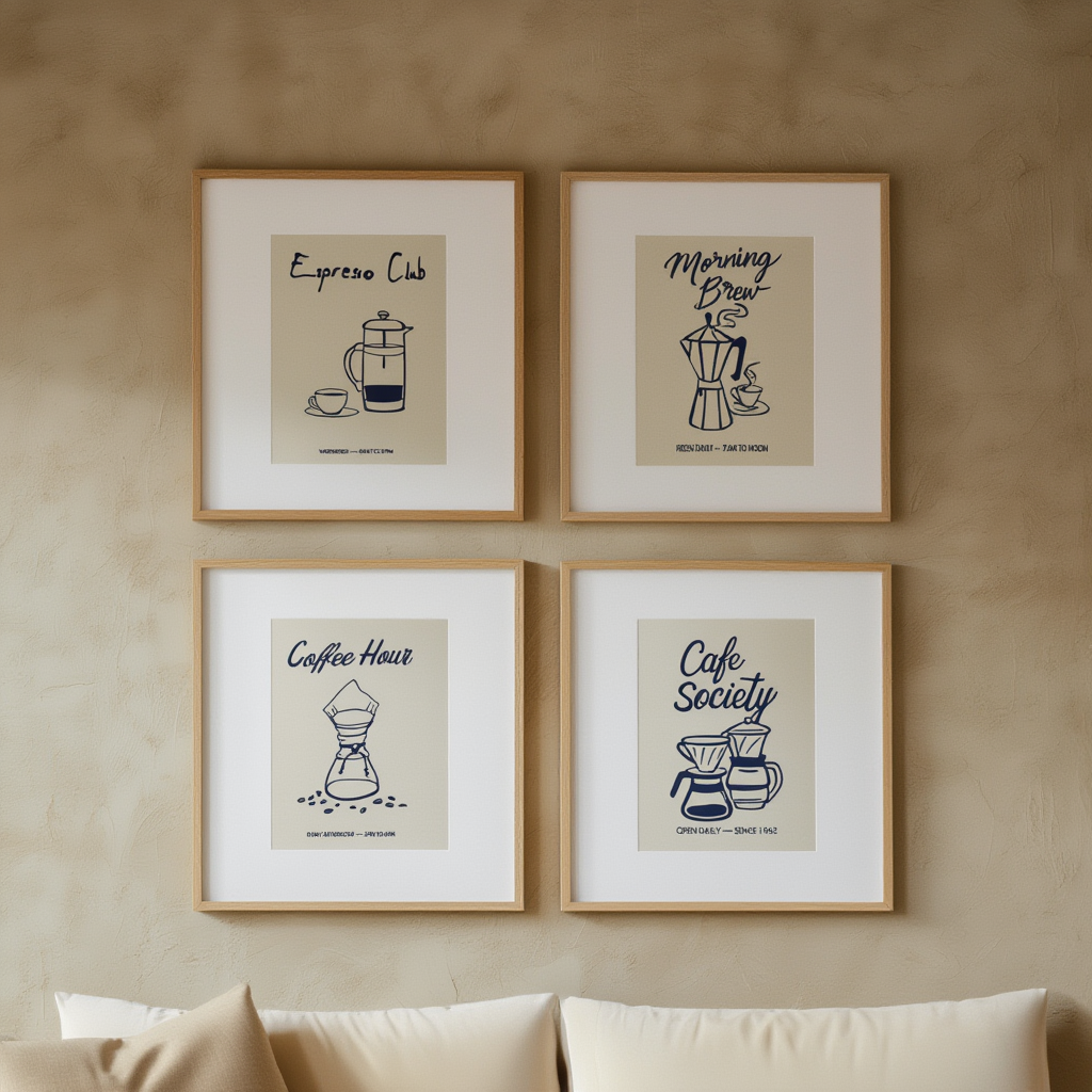 Set of 4 Coffee Prints – “Coffee Hour,” “Espresso Club,” “Cafe Society,” and “Coffee Morning” – Chic Wall Art for Coffee Lovers