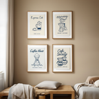 Set of 4 Coffee Prints – “Coffee Hour,” “Espresso Club,” “Cafe Society,” and “Coffee Morning” – Chic Wall Art for Coffee Lovers