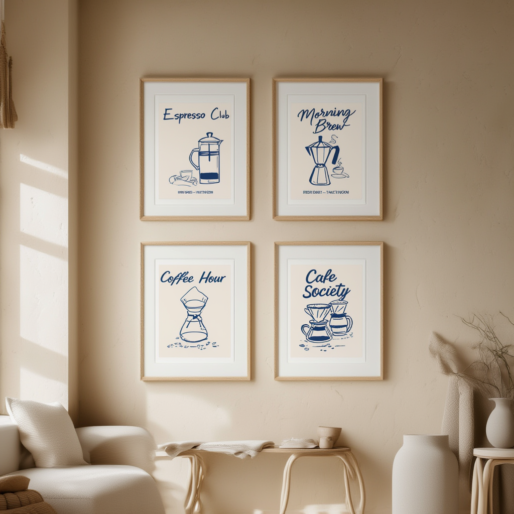 Set of 4 Coffee Prints – “Coffee Hour,” “Espresso Club,” “Cafe Society,” and “Coffee Morning” – Chic Wall Art for Coffee Lovers