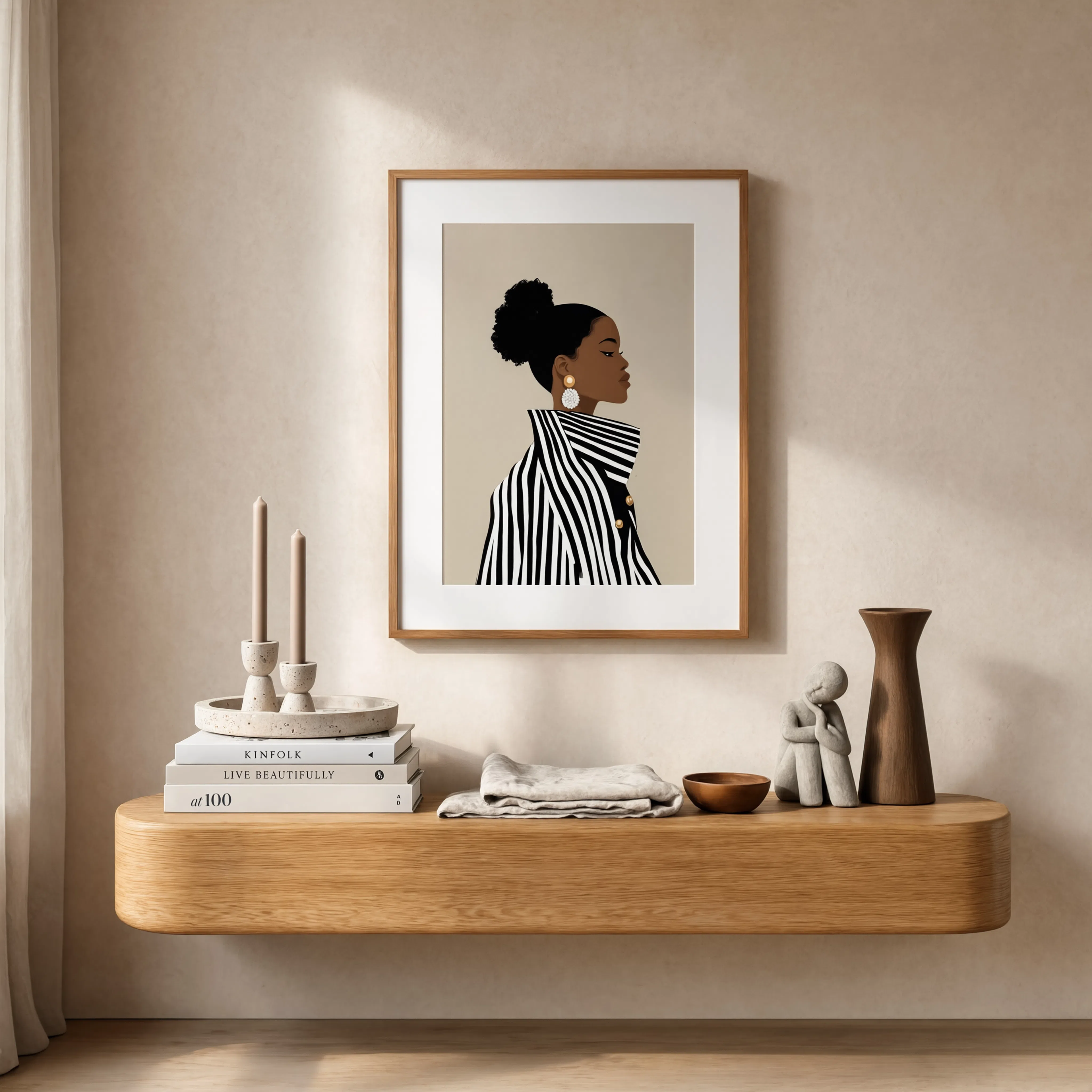 Minimalist Woman Back Portrait in Striped Coat | Scandinavian Art Print