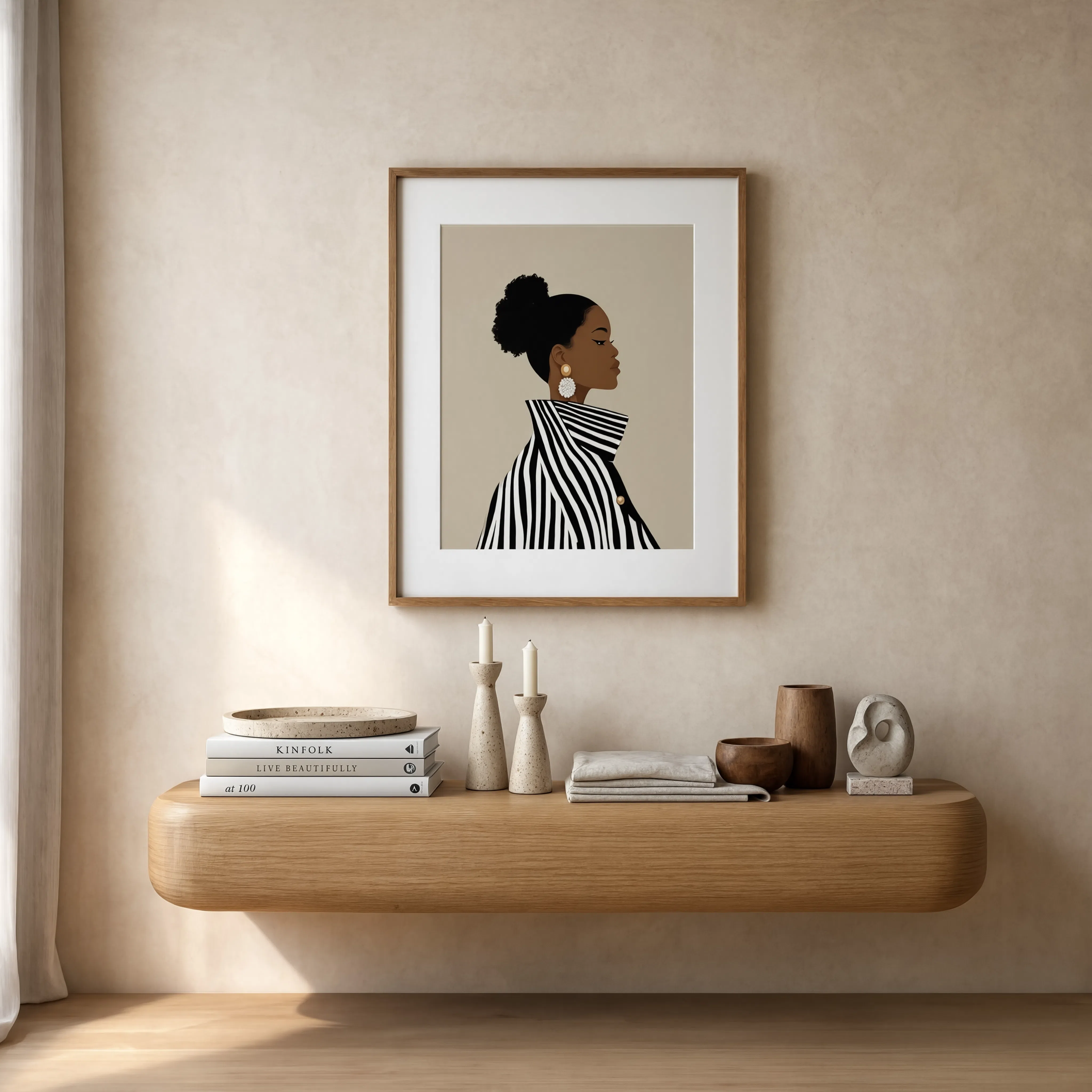 Minimalist Woman Back Portrait in Striped Coat | Scandinavian Art Print