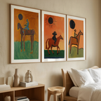 Set of 3 Equestrian Folk Art Prints – Rustic Horse Wall Decor - Hakyarts