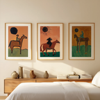 Set of 3 Equestrian Folk Art Prints – Rustic Horse Wall Decor - Hakyarts