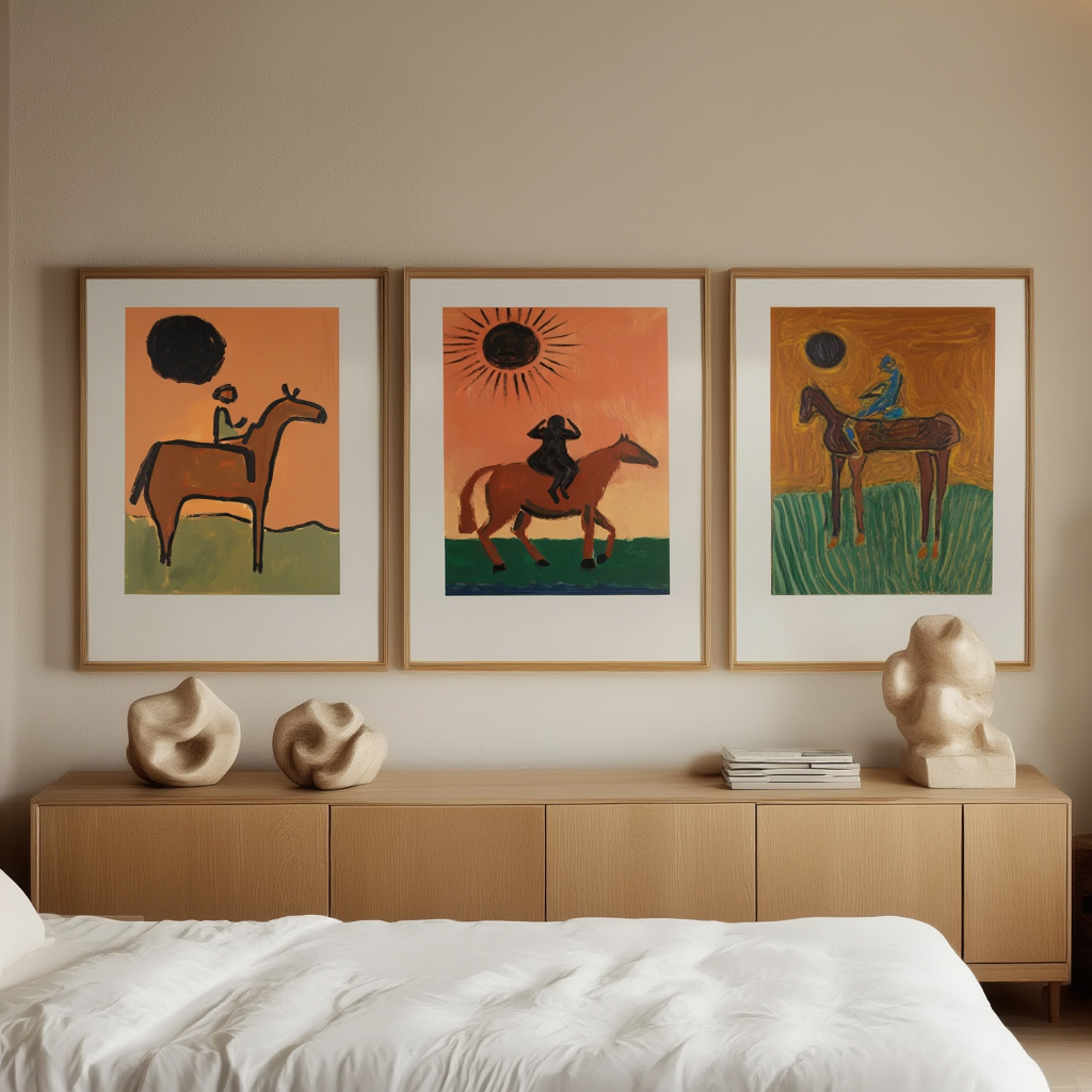 Set of 3 Equestrian Folk Art Prints – Rustic Horse Wall Decor - Hakyarts