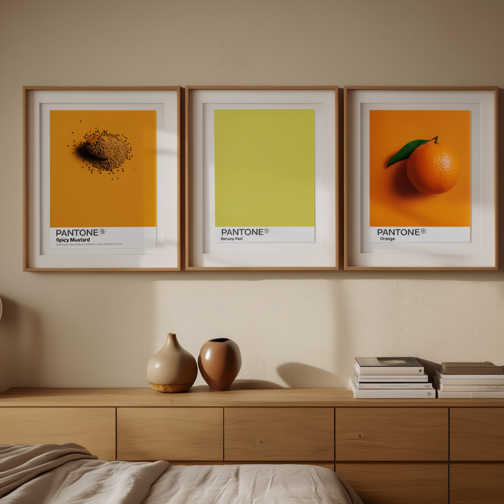 Set of 3 Pantone-Inspired Spicy Mustard, Orange & Banana Peel – Minimalist Color Art Prints