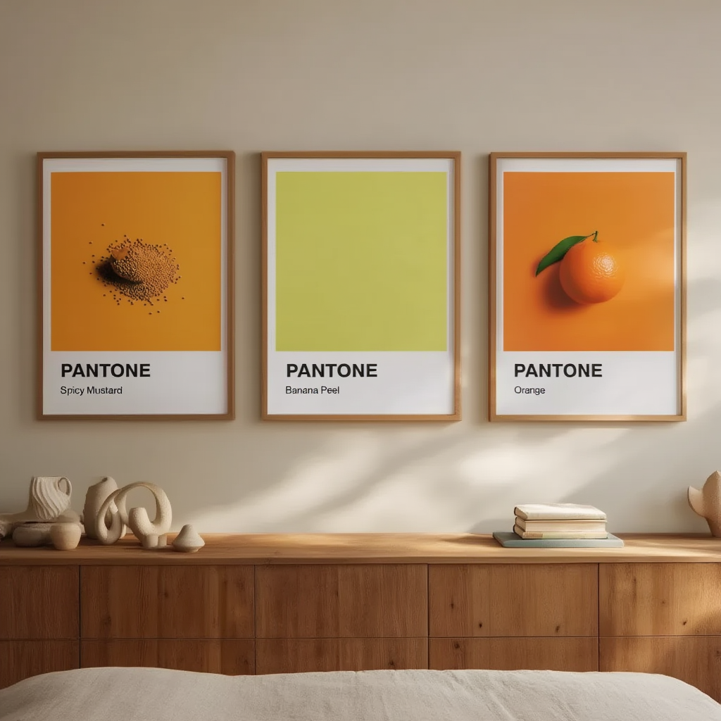Set of 3 Pantone-Inspired Spicy Mustard, Orange & Banana Peel – Minimalist Color Art Prints