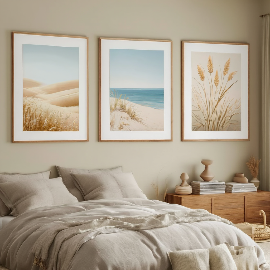 Beige Bohemian Beach Landscape – Office Set of 3 Prints - Hakyarts