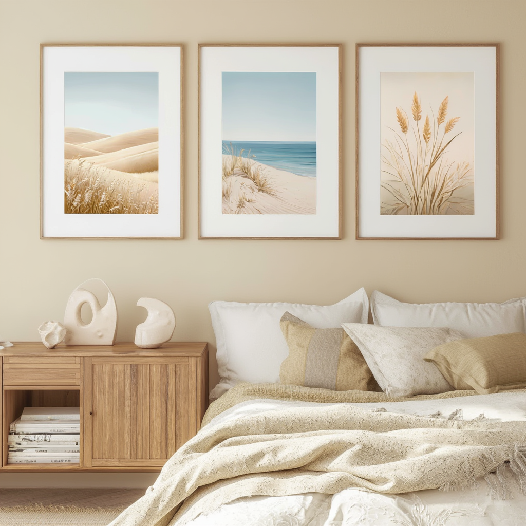 Beige Bohemian Beach Landscape – Office Set of 3 Prints - Hakyarts