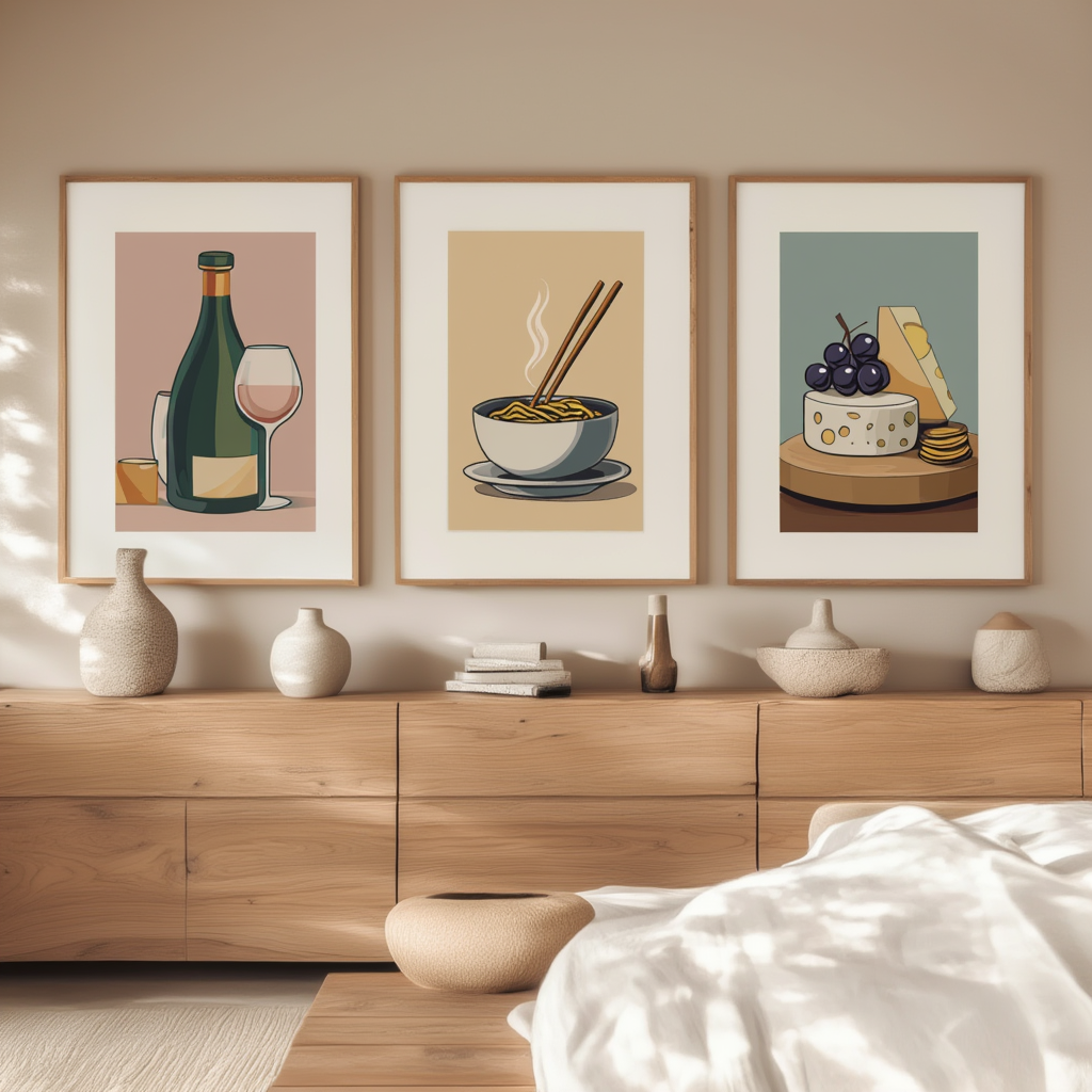 Wine & Cheese Noodles Art Living Room - Set of 3 - Hakyarts